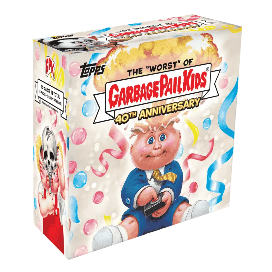 A 2025 Topps Garbage Pail Kids 40th Anniversary hobby box featuring illustrated character art.