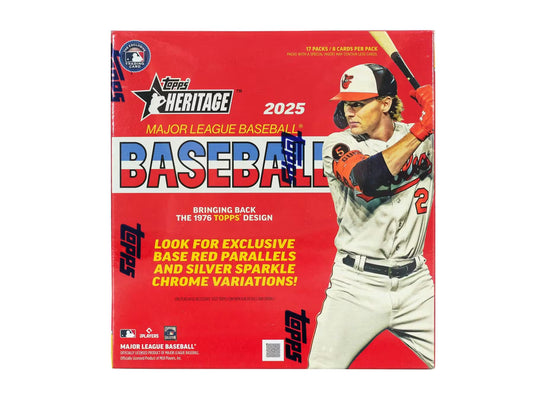A 2025 Topps Heritage Baseball mega box featuring a player on the front cover.