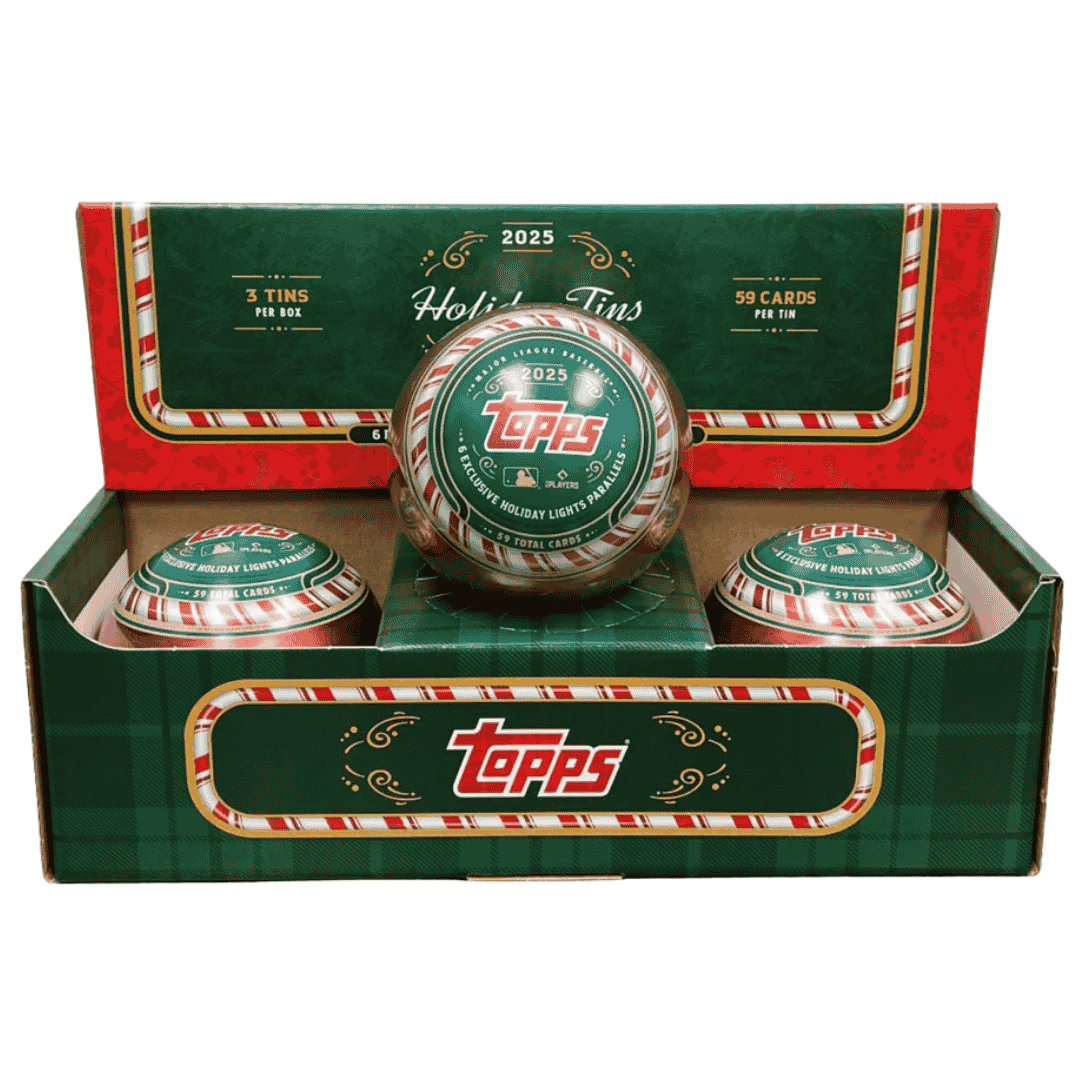 A 2025 Topps Holiday Baseball display box containing three festive, round collector tins.