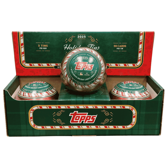 A 2025 Topps Holiday Baseball display box containing three festive, round collector tins.