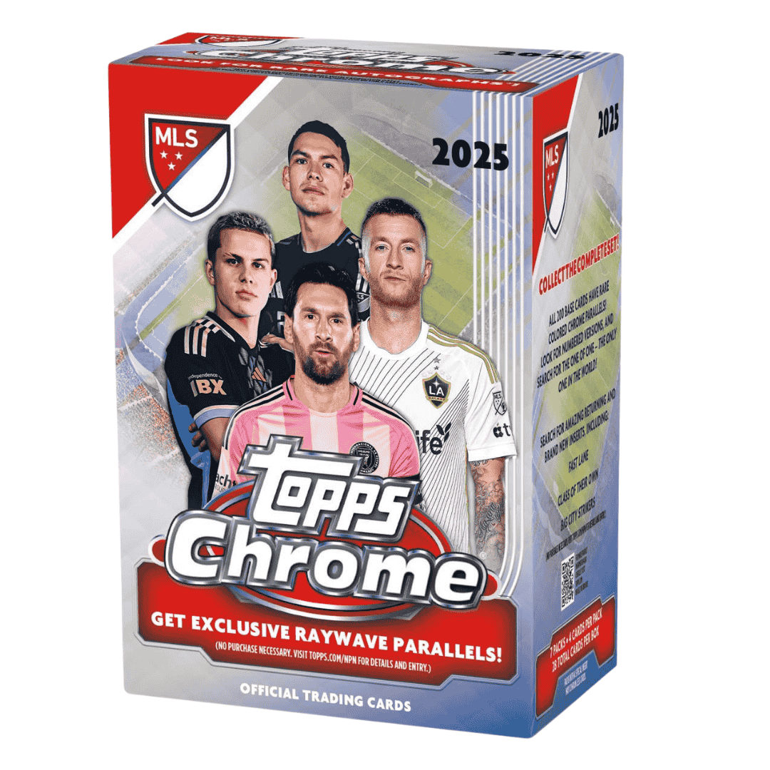 A 2025 Topps MLS Chrome soccer blaster box featuring four players on the front packaging.