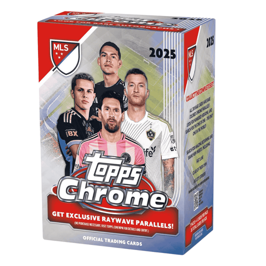 A 2025 Topps MLS Chrome soccer blaster box featuring four players on the front packaging.