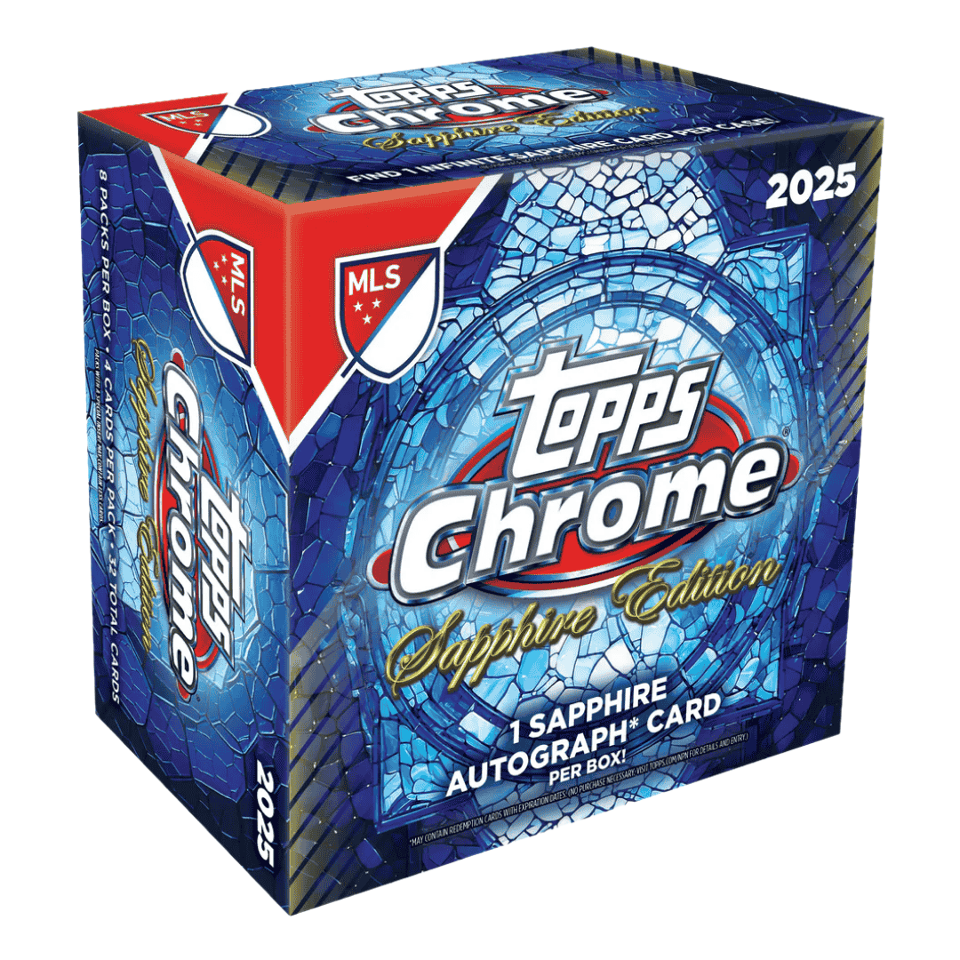 A 2025 Topps MLS Chrome Sapphire Edition soccer card box with blue crystalline graphics.