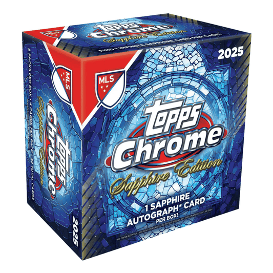 A 2025 Topps MLS Chrome Sapphire Edition soccer card box with blue crystalline graphics.