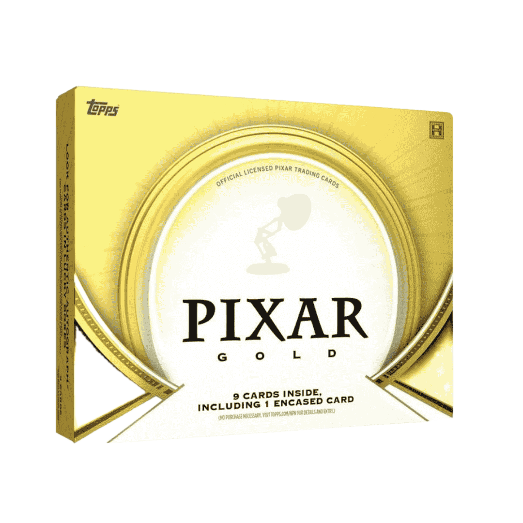 A gold-colored 2025 Topps Pixar Gold hobby box featuring the Pixar lamp logo.