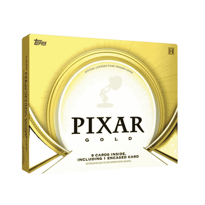 A gold-colored 2025 Topps Pixar Gold hobby box featuring the Pixar lamp logo.