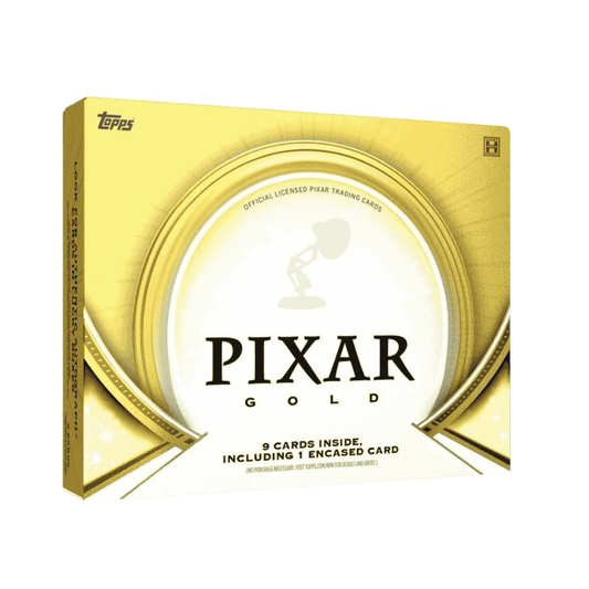A gold-colored 2025 Topps Pixar Gold hobby box featuring the Pixar lamp logo.