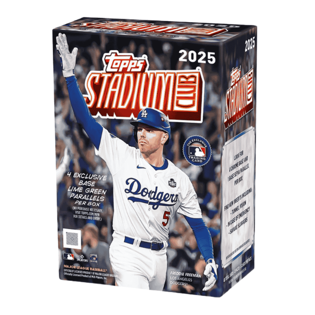 A 2025 Topps Stadium Club baseball value box featuring Freddie Freeman on the packaging.