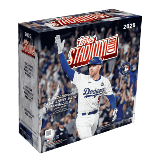 A 2025 Topps Stadium Club Baseball mega box featuring Freddie Freeman on the packaging.