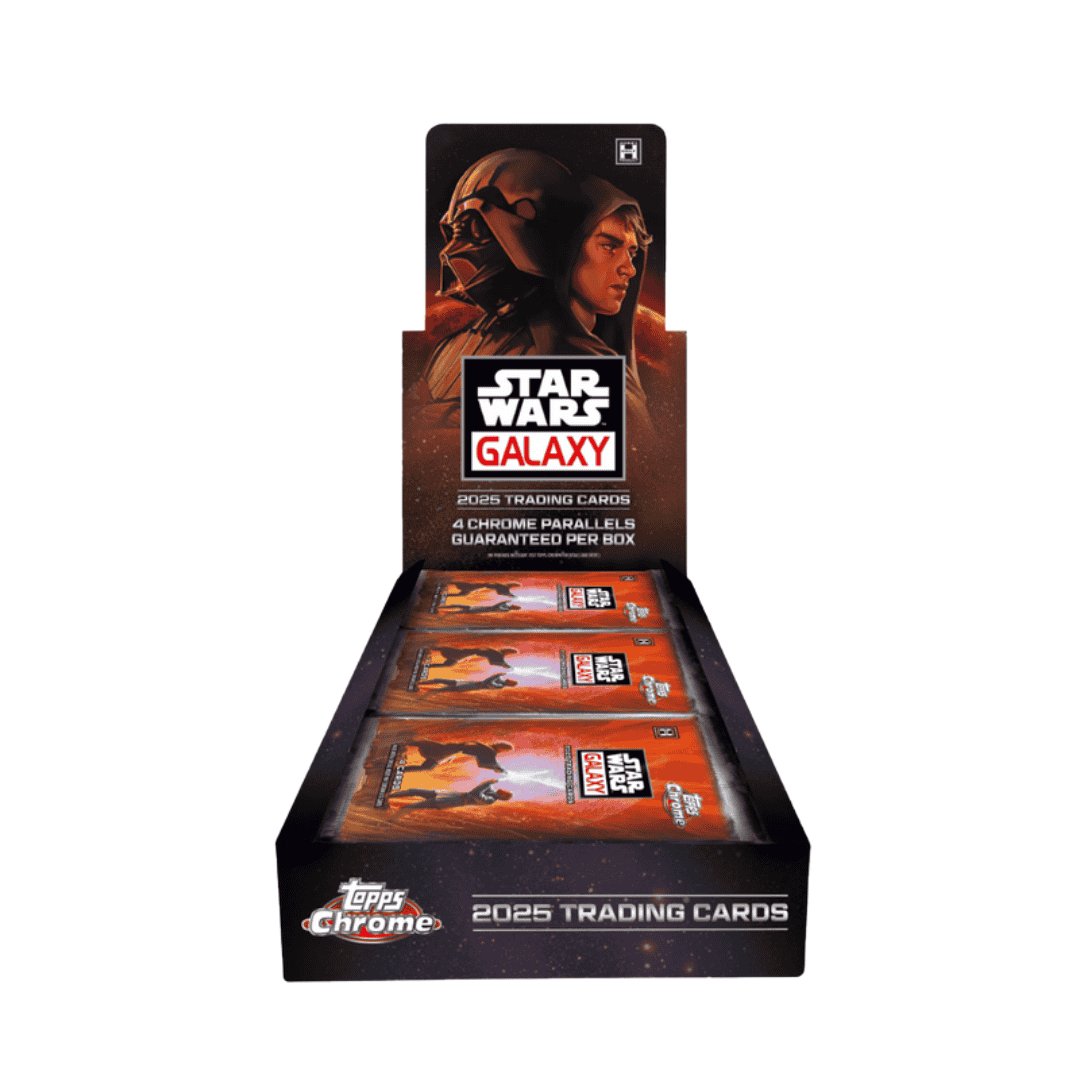 A 2025 Topps Star Wars Chrome Galaxy hobby box featuring Anakin Skywalker and Darth Vader.