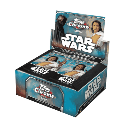 A 2025 Topps Star Wars Chrome hobby box featuring character artwork on the packaging.