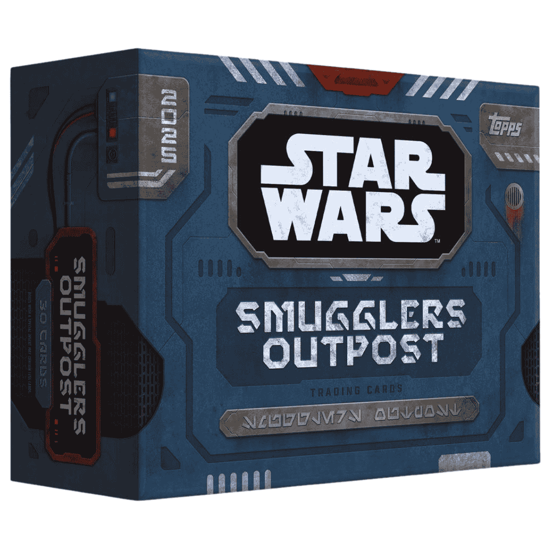 A 2025 Topps Star Wars Smugglers Outpost hobby box with blue industrial-themed packaging.