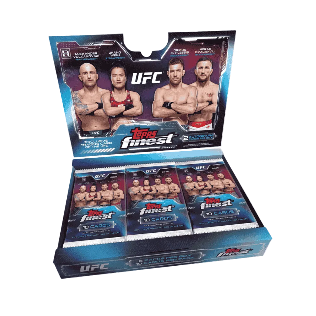 A 2025 Topps UFC Finest hobby box containing six packs of trading cards.