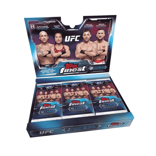 A 2025 Topps UFC Finest hobby box containing six packs of trading cards.
