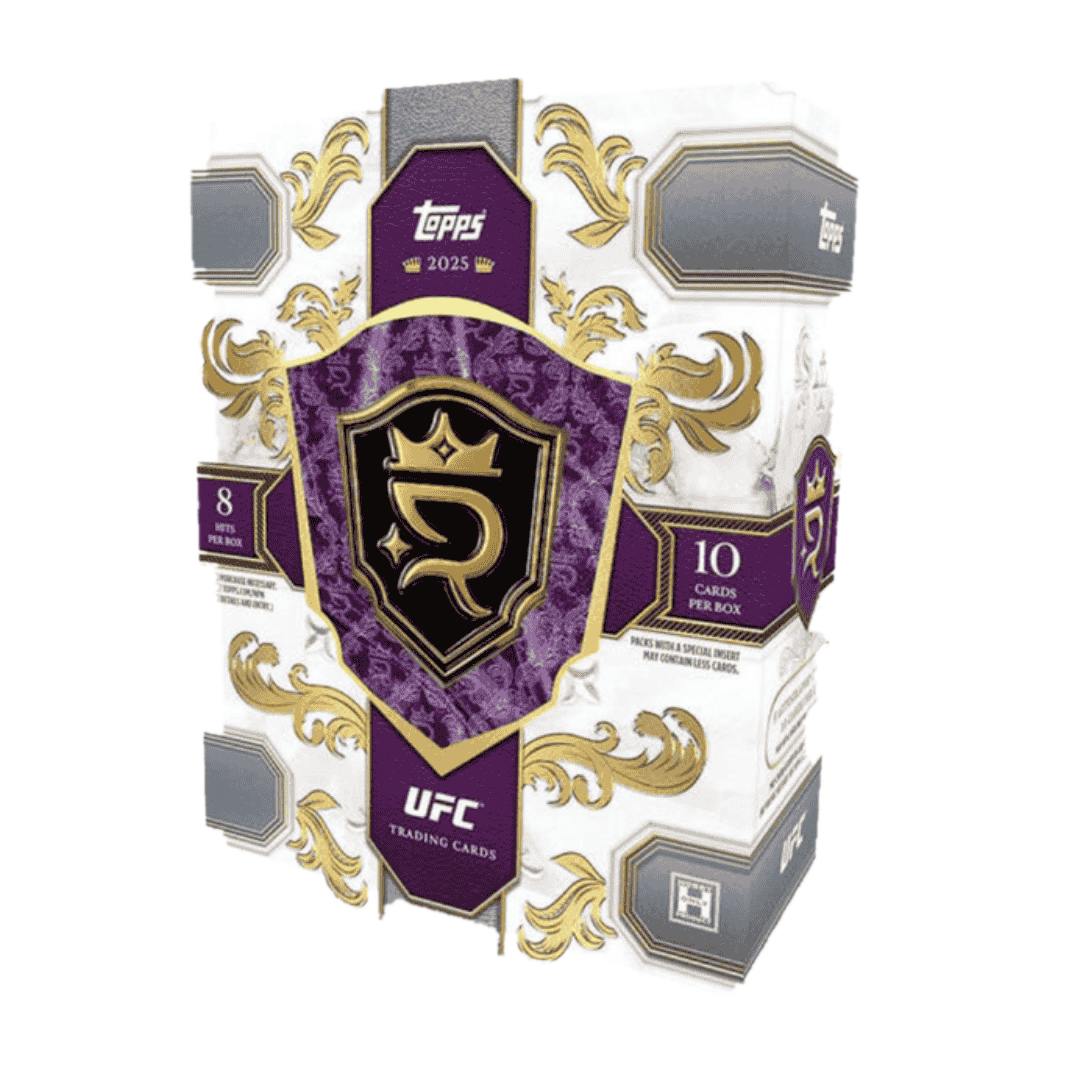 A 2025 Topps UFC Royalty hobby box featuring a white and purple ornate design.