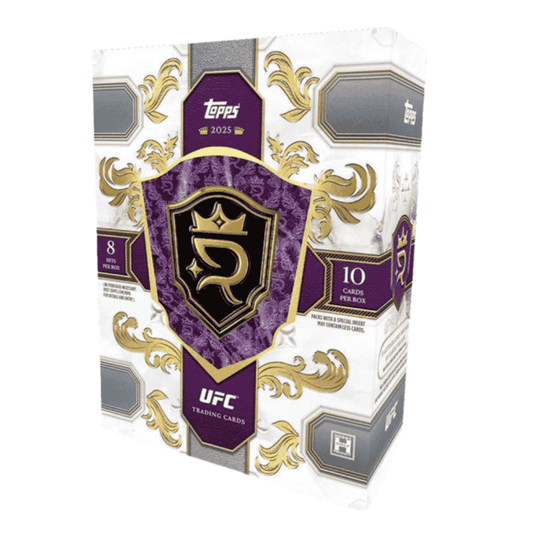A 2025 Topps UFC Royalty hobby box featuring a white and purple ornate design.