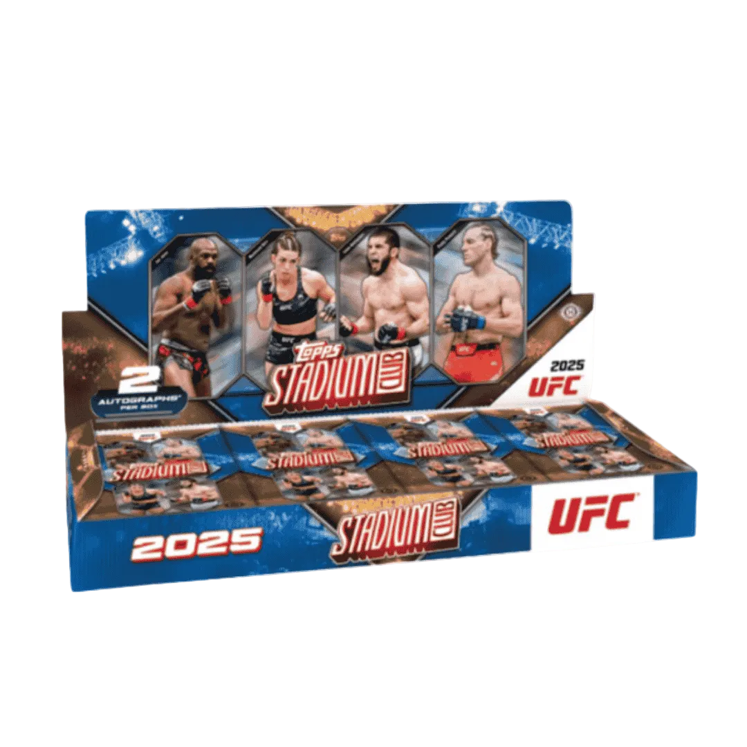 A 2025 Topps UFC Stadium Club hobby box featuring imagery of professional fighters.