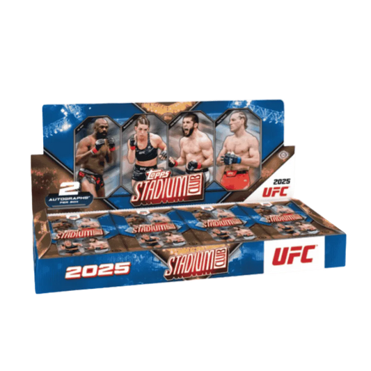 A 2025 Topps UFC Stadium Club hobby box featuring imagery of professional fighters.