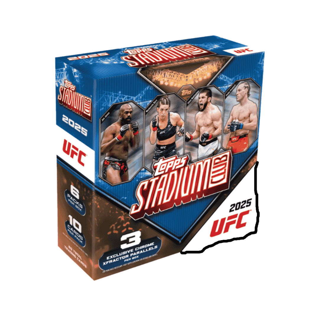 A 2025 Topps UFC Stadium Club mega box featuring images of professional fighters on the packaging.