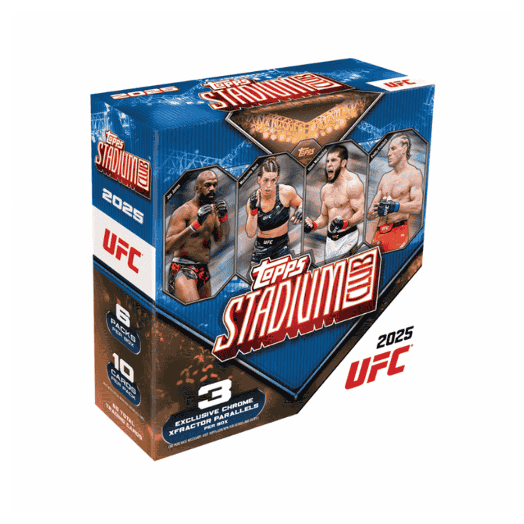 A 2025 Topps UFC Stadium Club mega box featuring images of professional fighters on the packaging.
