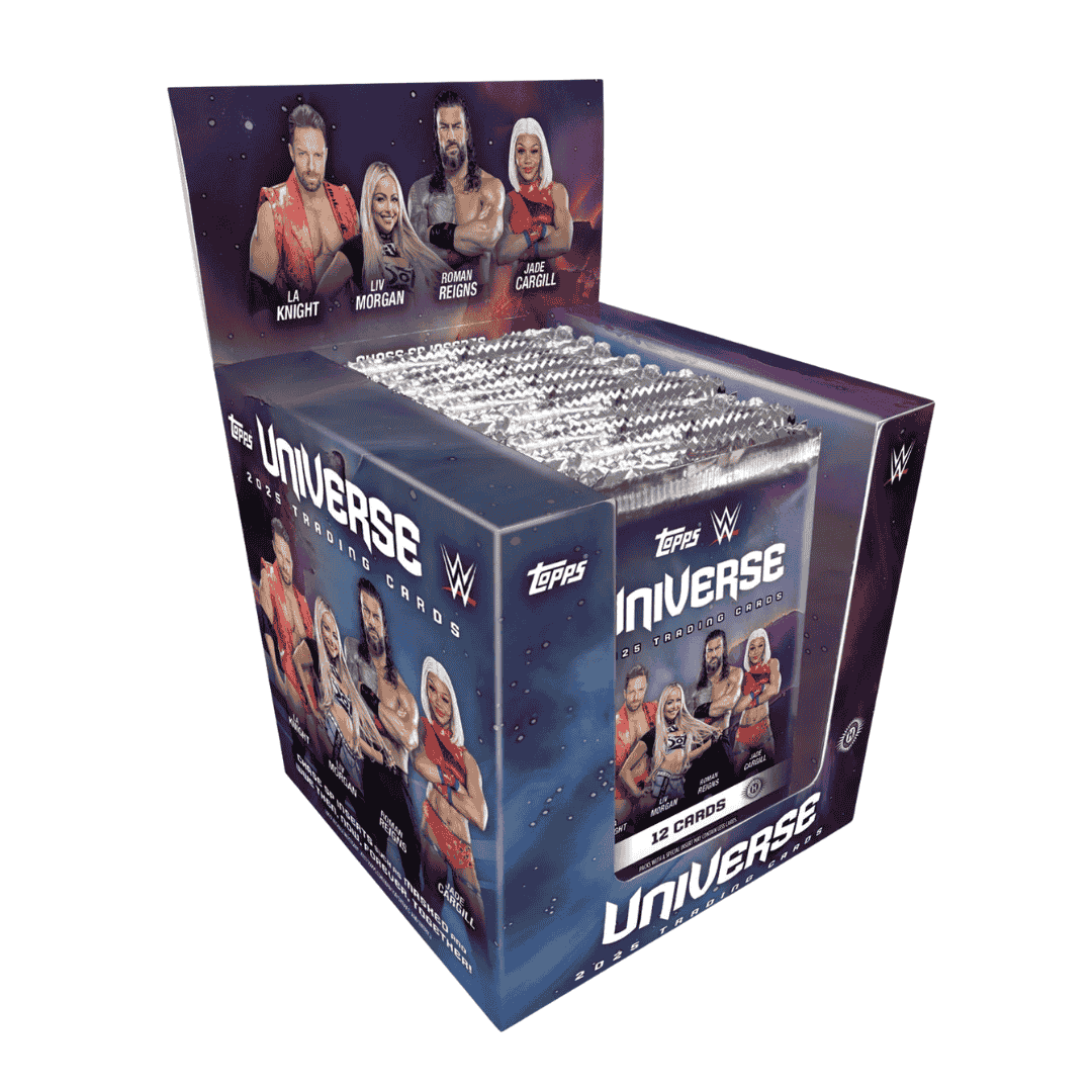 A 2025 Topps WWE Universe hobby box filled with packs of wrestling trading cards.
