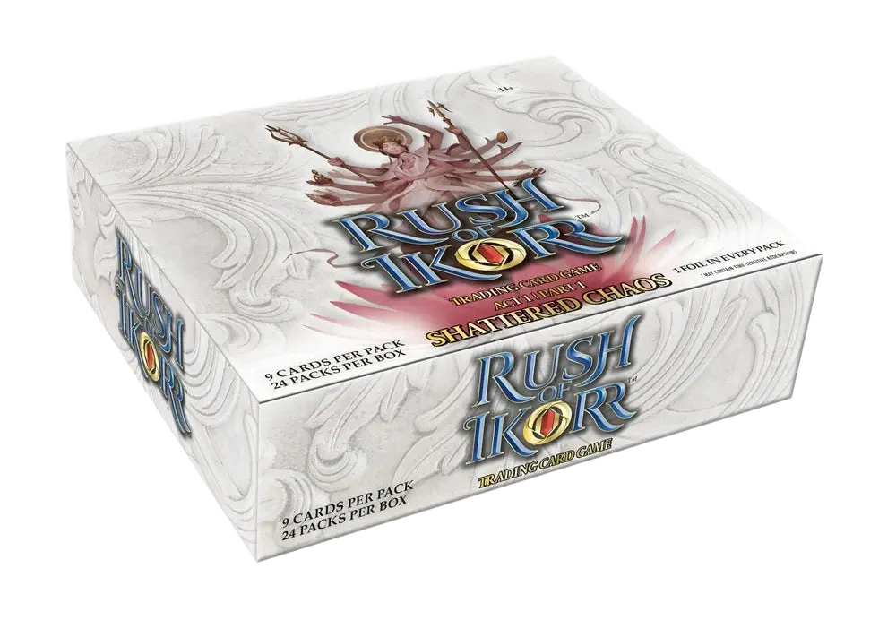 A 2025 Upper Deck Rush of Ikorr Shattered Chaos booster box containing 24 packs of trading cards.