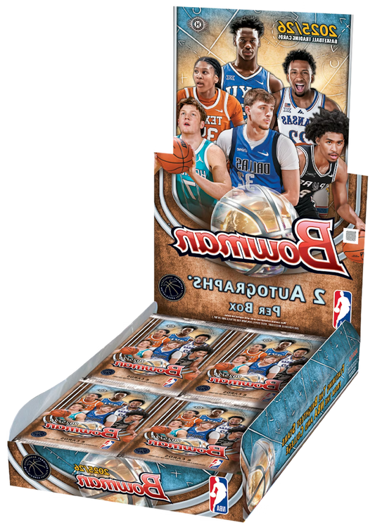 A 2025-26 Bowman Basketball hobby box featuring images of college and professional players.