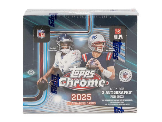 A 2025 Topps Chrome Football jumbo hobby box featuring images of two NFL players.