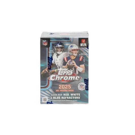 A 2025 Topps Chrome Football blaster box featuring images of Cam Ward and Drake Maye.