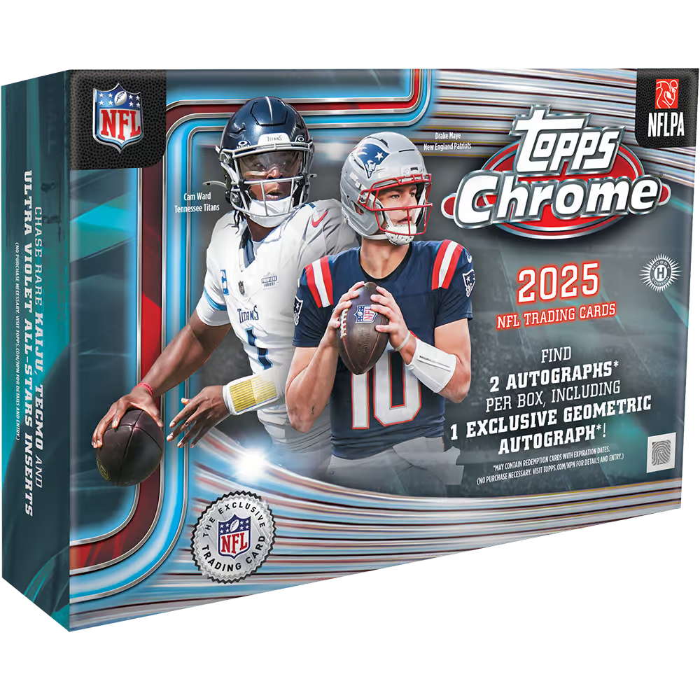 A 2025 Topps Chrome Football Breakers Delight hobby box featuring Cam Ward and Drake Maye.