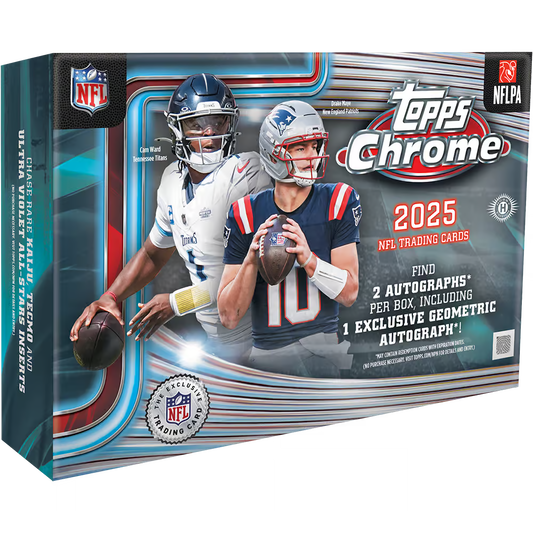 A 2025 Topps Chrome Football Breakers Delight hobby box featuring Cam Ward and Drake Maye.
