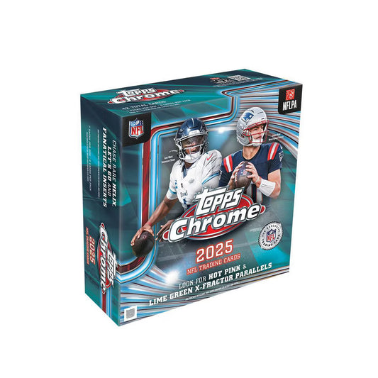 A 2025 Topps Chrome Football Mega Box featuring images of NFL players on the packaging.