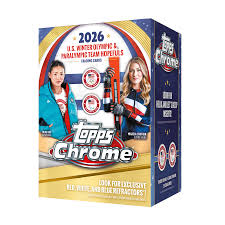 A 2026 Topps Chrome US Olympics value box featuring images of athletes on the packaging.