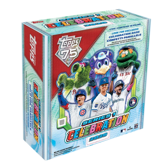 A 2026 Topps Series 1 Baseball Celebration Mega Box featuring mascots and players on the cover.