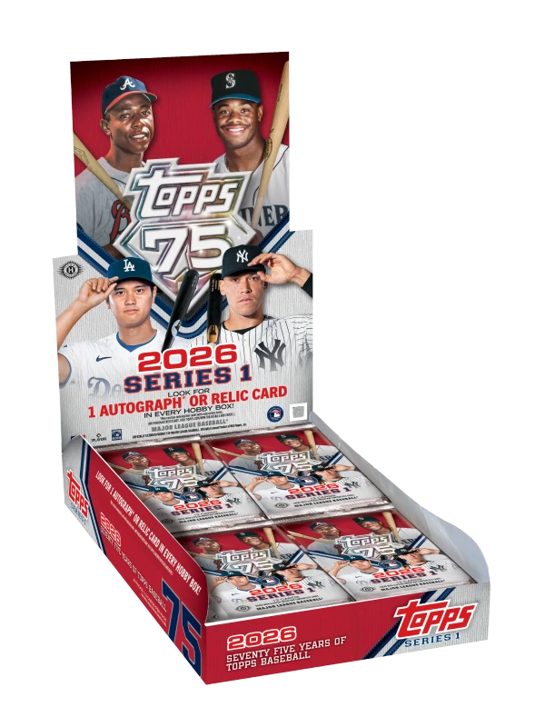 A 2026 Topps Series 1 baseball hobby box containing multiple packs of trading cards.