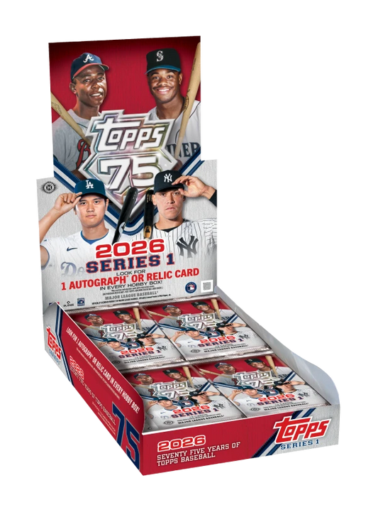 A 2026 Topps Series 1 baseball hobby box containing multiple packs of trading cards.