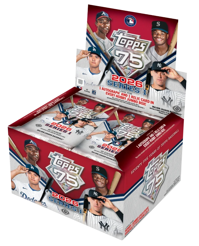 A 2026 Topps Series 1 Baseball jumbo hobby box featuring images of professional baseball players.