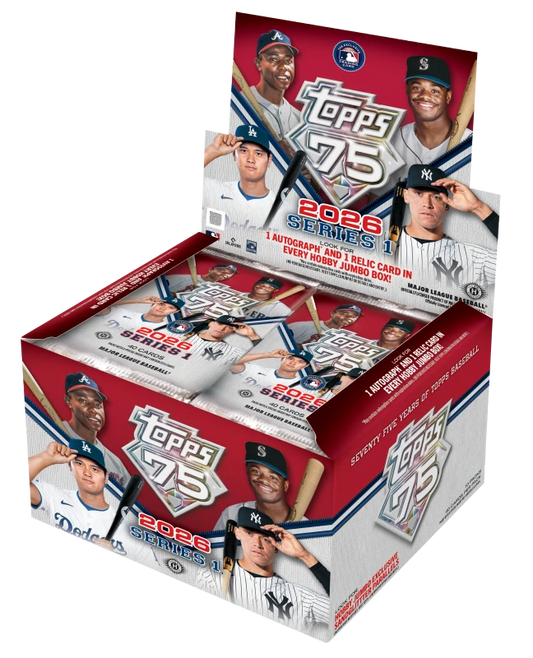 A 2026 Topps Series 1 Baseball jumbo hobby box featuring images of professional baseball players.