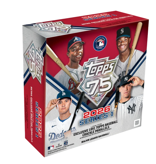 A 2026 Topps Series 1 Baseball mega box featuring images of professional baseball players.