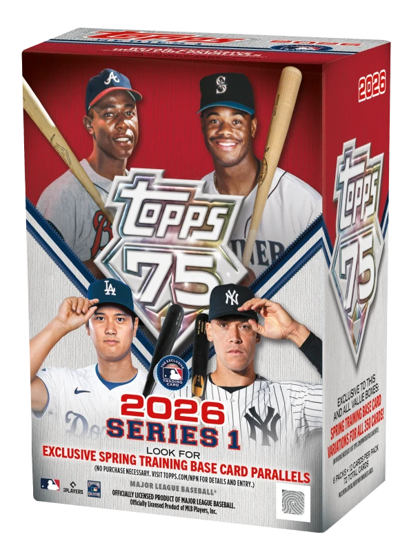 A 2026 Topps Series 1 baseball card value box featuring images of four professional players.