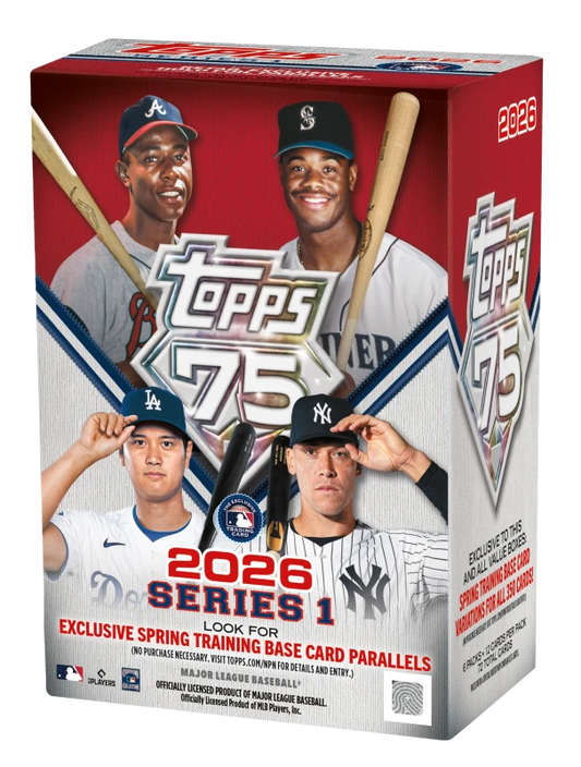 A 2026 Topps Series 1 baseball card value box featuring images of four professional players.