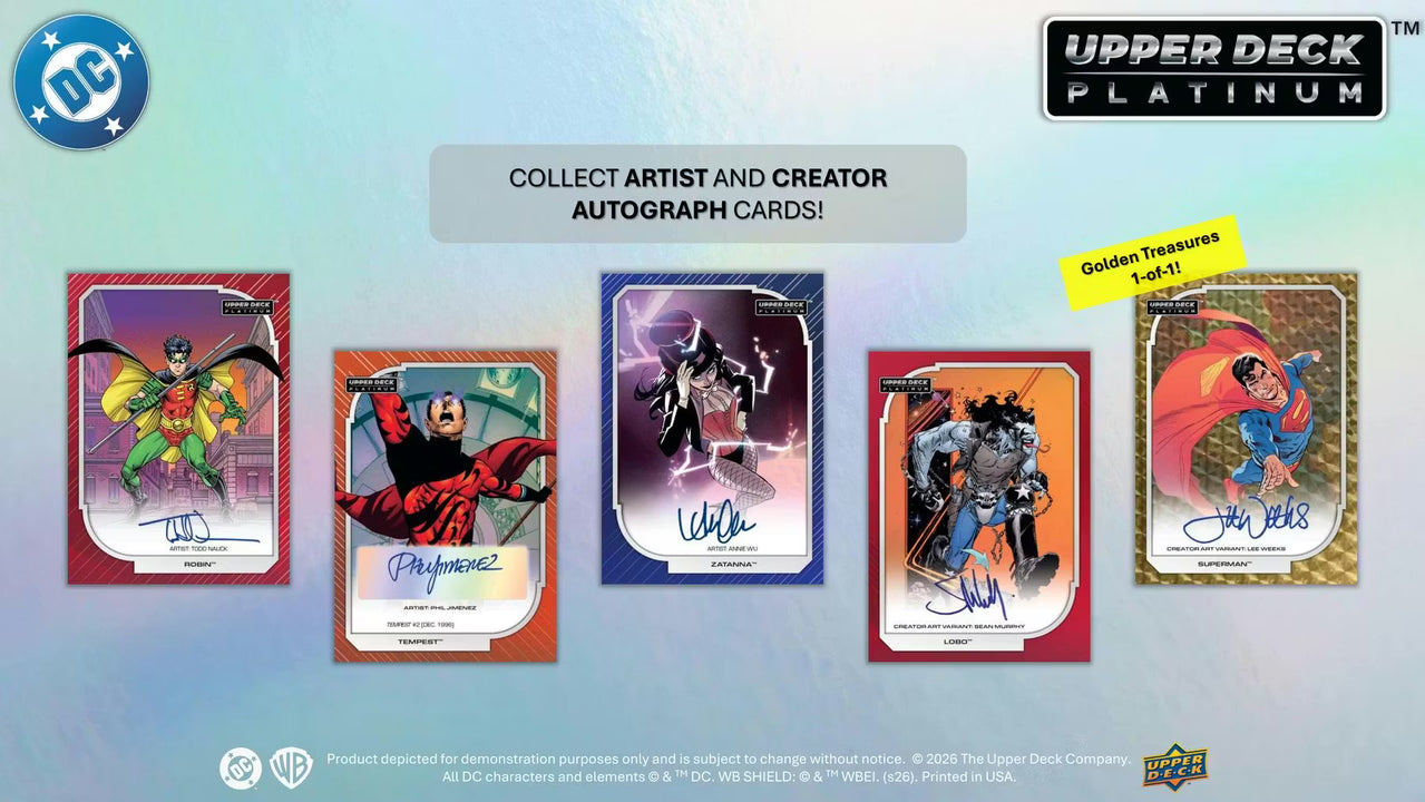 Five Upper Deck DC Platinum trading cards featuring character art and artist autographs.