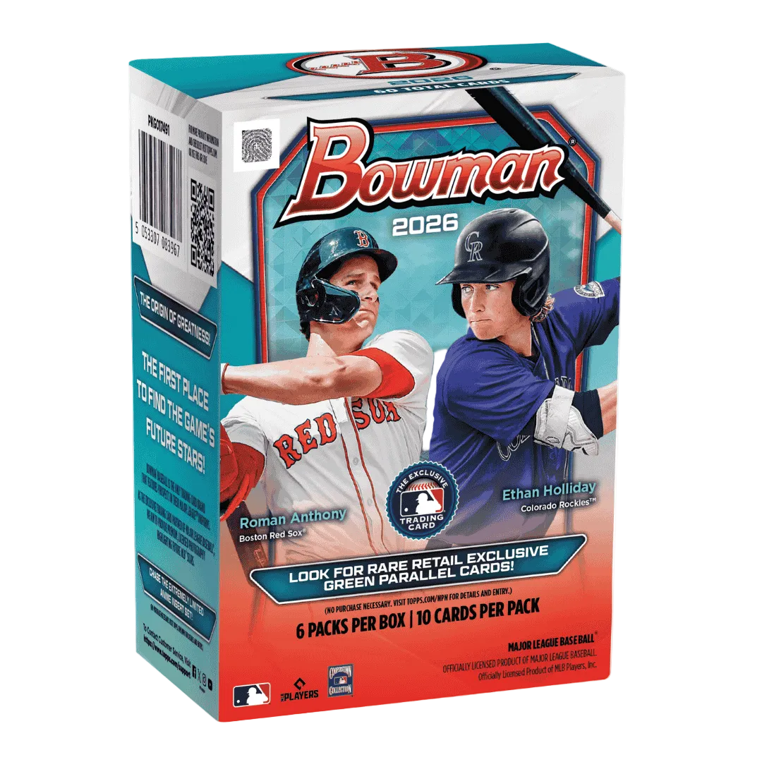 A 2026 Bowman Baseball blaster box featuring Roman Anthony and Ethan Holliday on the packaging.