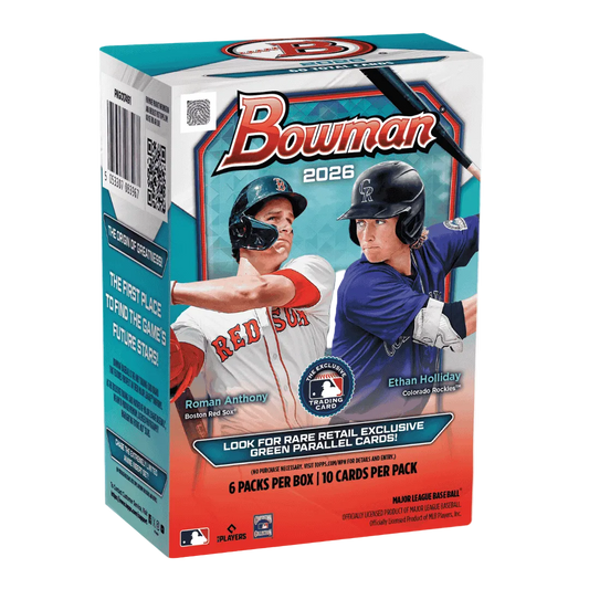 A 2026 Bowman Baseball blaster box featuring Roman Anthony and Ethan Holliday on the packaging.