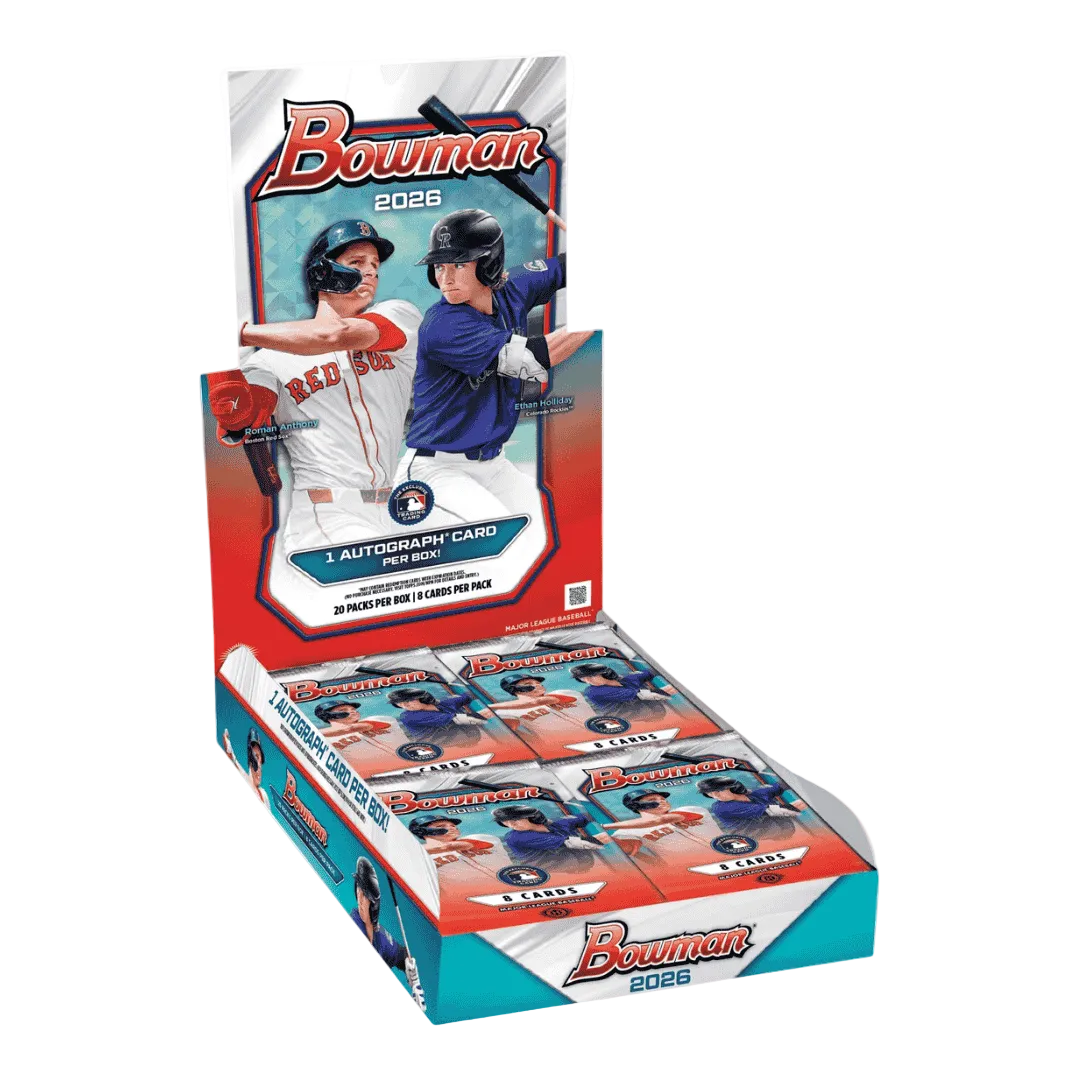 A 2026 Bowman Baseball hobby box containing twenty packs of trading cards.