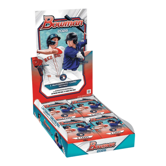 A 2026 Bowman Baseball hobby box containing twenty packs of trading cards.