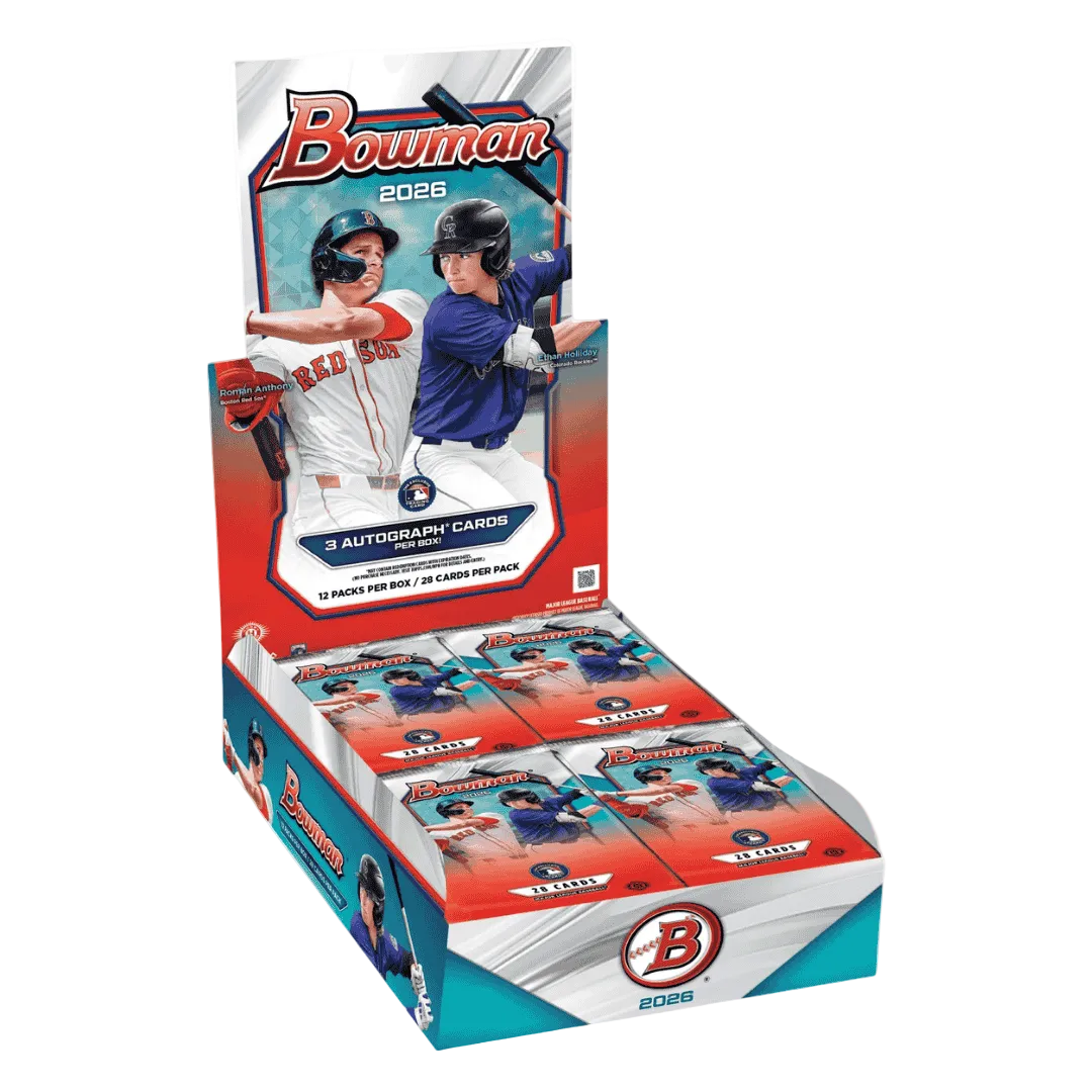 A 2026 Bowman Baseball jumbo hobby box featuring Roman Anthony and Ethan Holliday on the display.