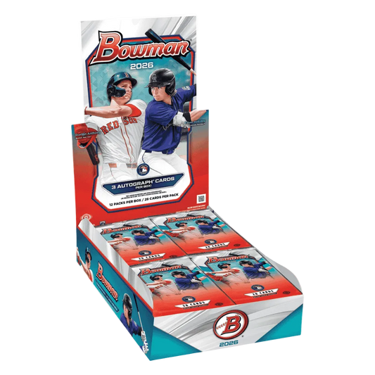 A 2026 Bowman Baseball jumbo hobby box featuring Roman Anthony and Ethan Holliday on the display.