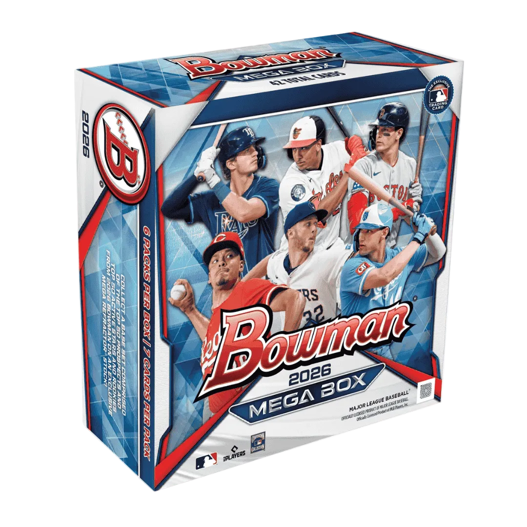 A 2026 Bowman Baseball Mega Box featuring images of professional baseball players.