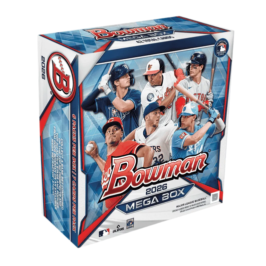 A 2026 Bowman Baseball Mega Box featuring images of professional baseball players.